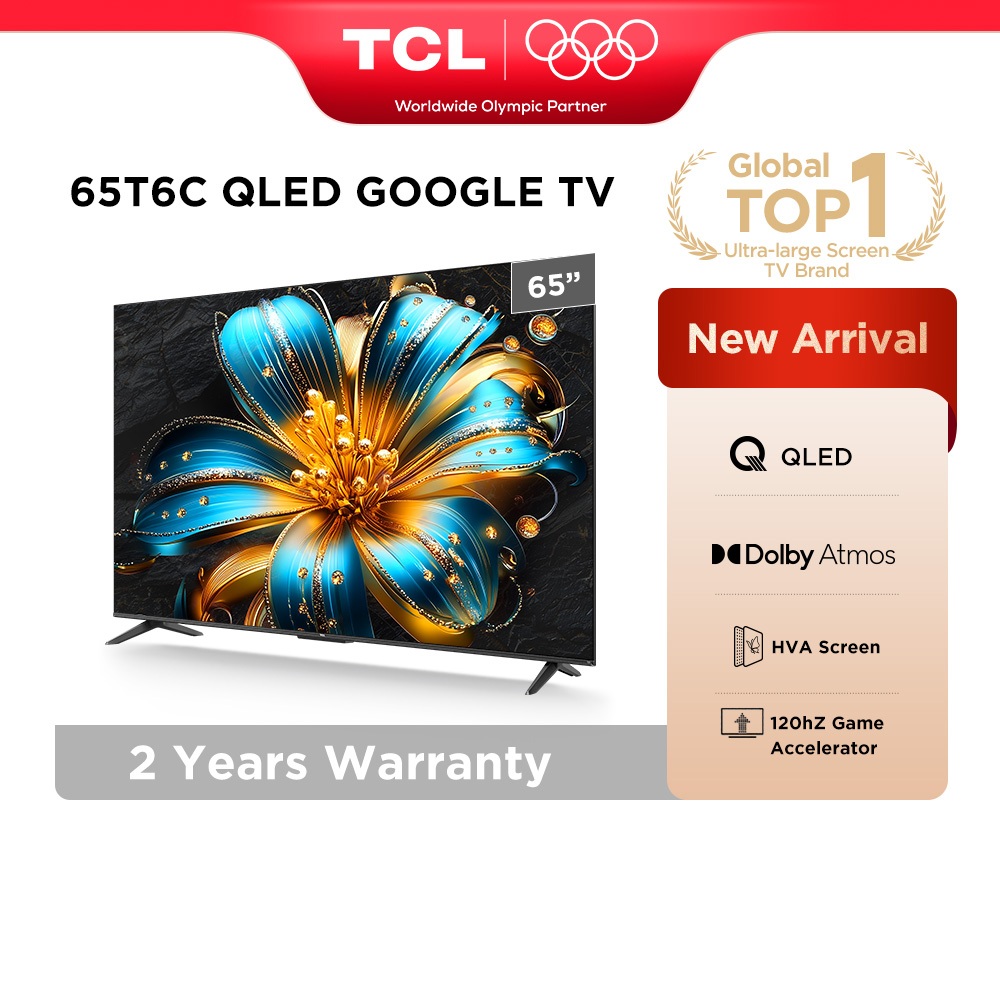 TCL 65 Inch QLED 4K Google TV with 120Hz Game Accelerator, Dolby Vision Atmos, HDR 10+ Televisyen 65T6C