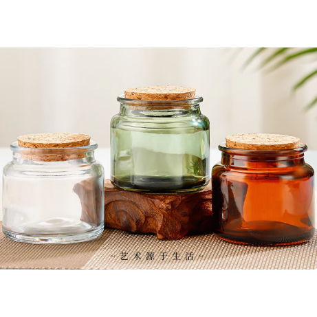 READY STOCK-GLASS CANDLE JAR AMBER/TRANSPARENT/GREEN 90 AND 180GRAM WITH CORK LID