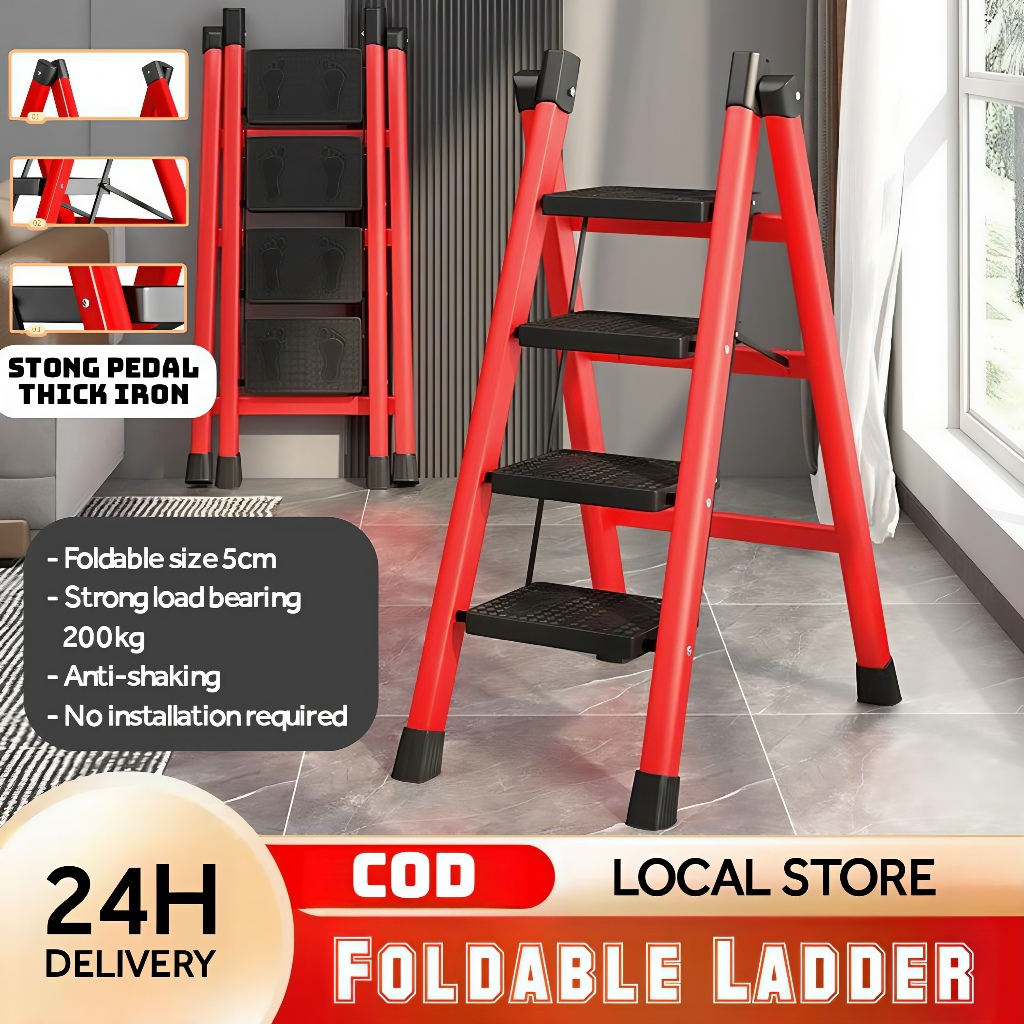 Foldable Household Ladder Tangga Lipat Carbon Steel Heavy Duty 3/4/5 Step Anti Skid Platform Climbing Ladder