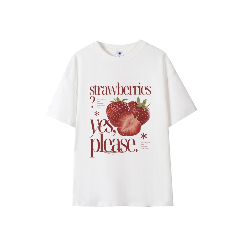 Fashionable and casual loose 100% cotton top with strawberry print oversized women's short sleeved T-shirt