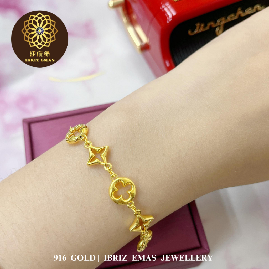 IBRIZ Jewellery BB120 | 916 Gold Bracelet 2 Star & 3 Clover Accessories Women Rantai Tangan Emas 916 Rantai Perempuan