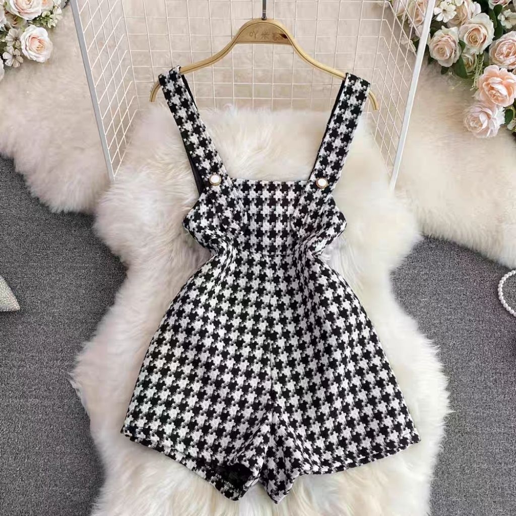 korean style houndstooth high waist short jumpsuit (RS5035)