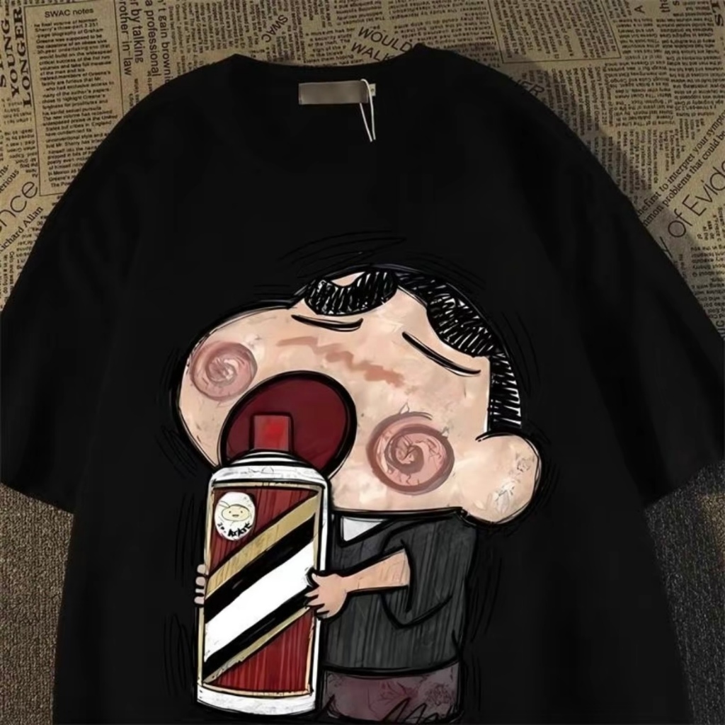 Kemeja T lengan pendek krayon retro AmerikaShin-chan untuk lelaki dan wanita atasanlengan pendek gaya jalanan kasual lon