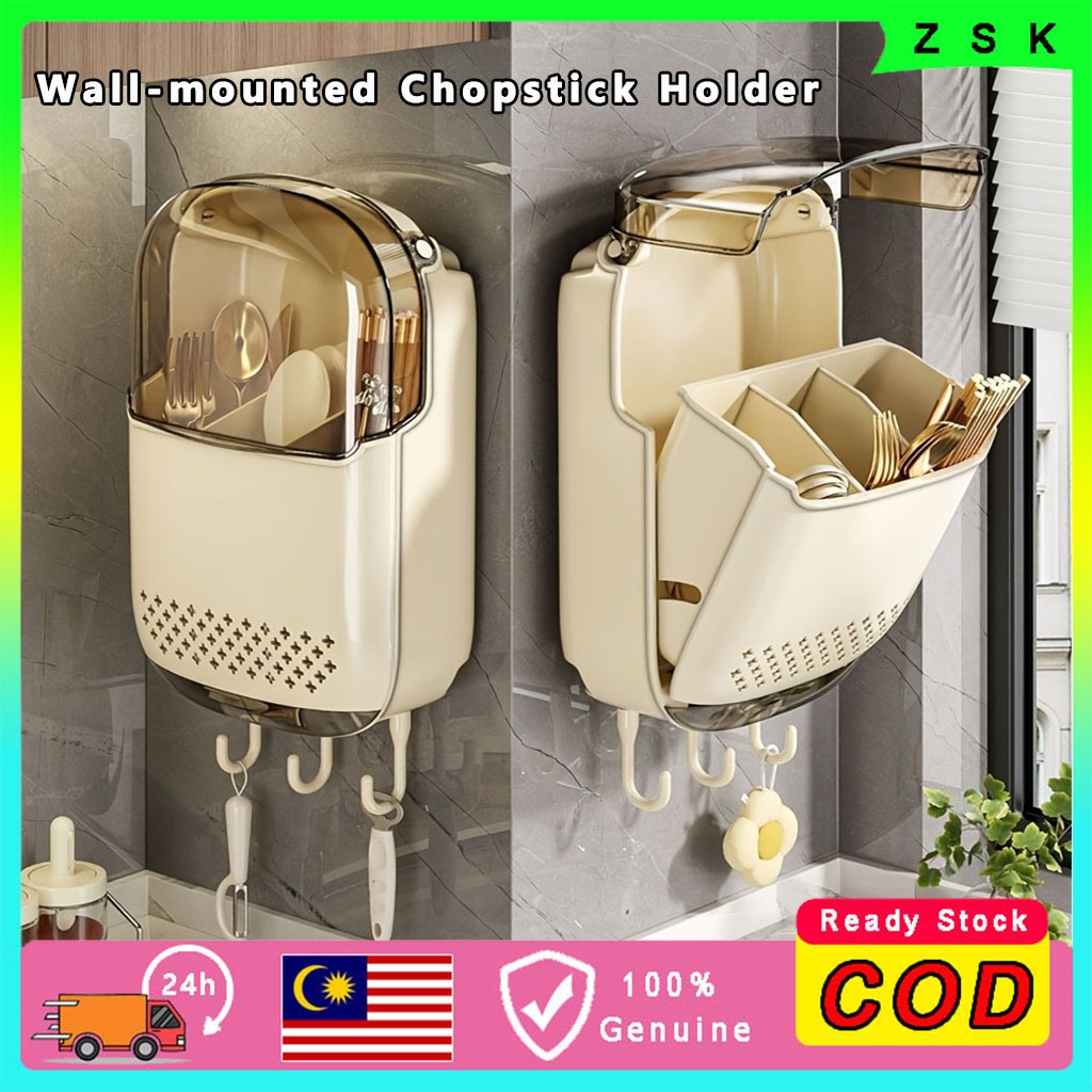 【Ready Stock】Wall Mounted Cutlery Storage Box Chopsticks Cage Spoon Fork Utensils Rack Holder Penyimpan Kutleri 壁式防尘餐具盒