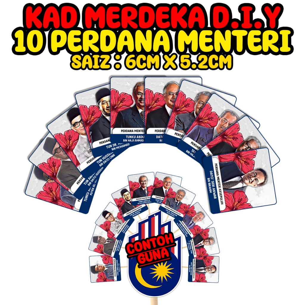 KAD D.I.Y HARI MERDEKA 10 Perdana Menteri Saiz 6cm x 5.2cm Material Artcard