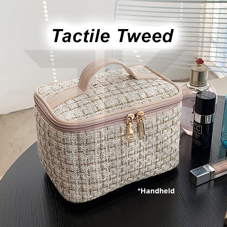 [LOCAL] Vintage Tweed Design Makeup Bag Waterproof Cosmetic Organizer Bag Large/Small Toiletries Pouch 复古小香风防水化妝包