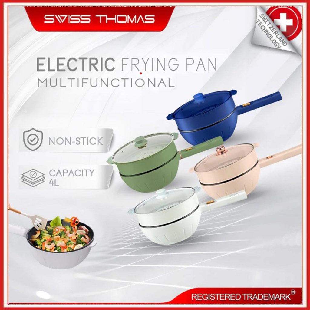 REDBUZZ 4L Electric Frying Pan Non-Stick Wok With Steamer Frying Pan Electric Cooker Cooking Pot Wok Pan Swiss Thomas