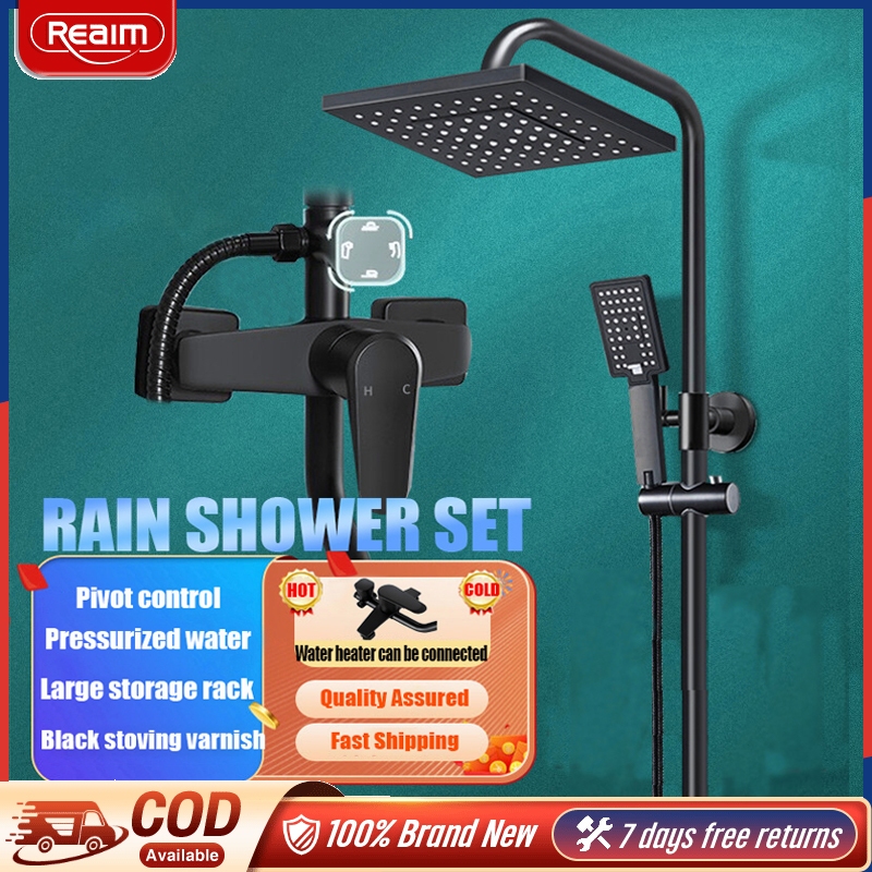 SHARK Shower Set 4 Function Black Square Rain shower head Bathroom Stainless Steel Wall Hand Shower Faucet Double out