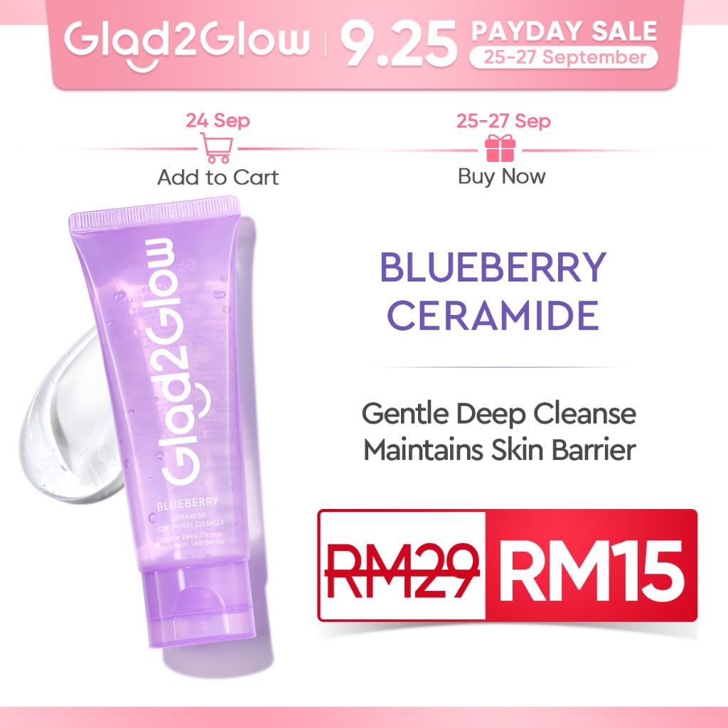 Glad2Glow Blueberry Ceramide Low Ph Gel Cleanser Facial Skincare (70ml) facial wash cleansing oil acne pencuci muka