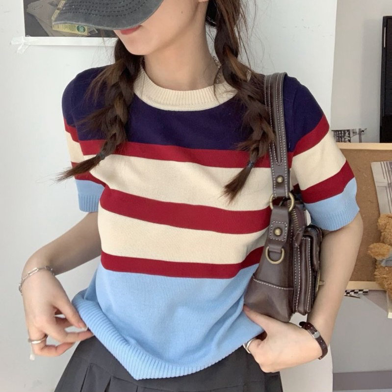 (READY STOCK IN MALAYSIA) Eliza Striped Round Neck Short Sleeve Knitted Top T-shirt 休闲拼色条纹圆领短袖针织上衣T恤