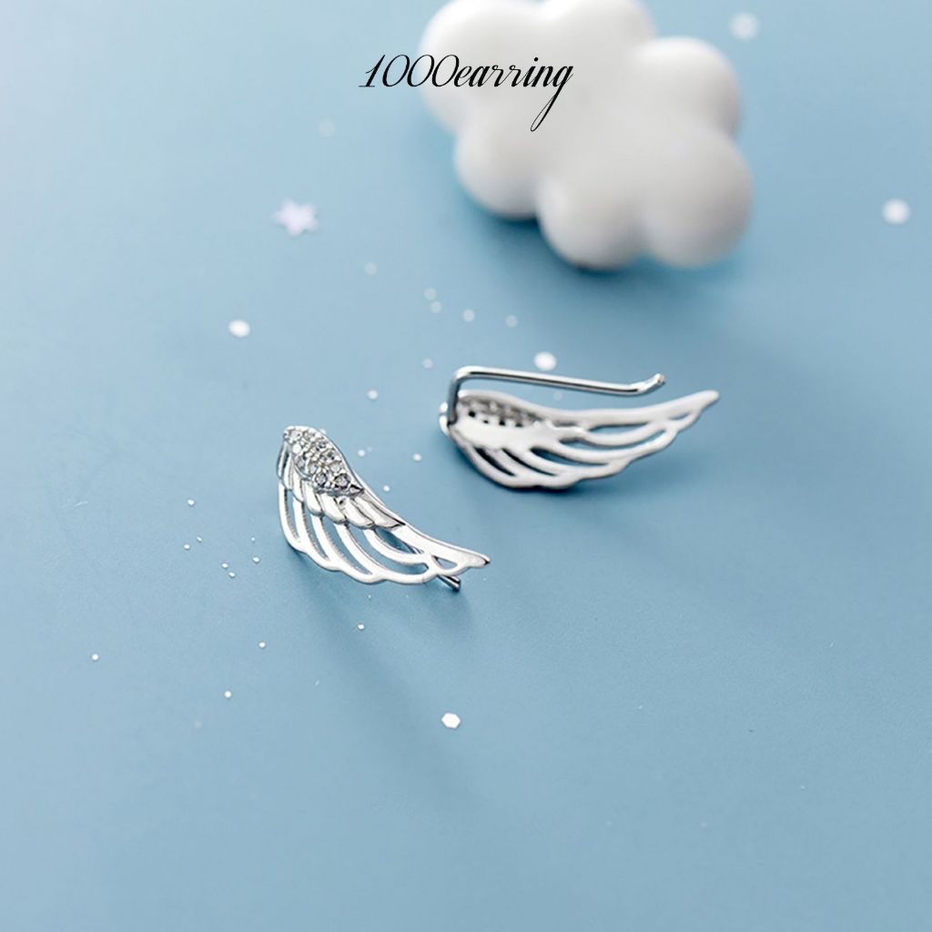 1000earring 925 Sterling Silver Angel Wings Climber Earrings - Silver