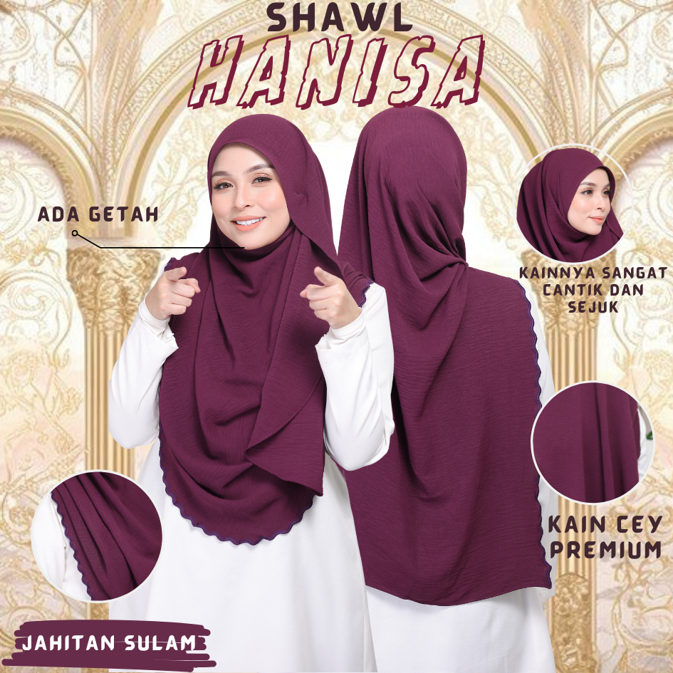 Shawl Hanisa sulam bergetah kain cey crepe