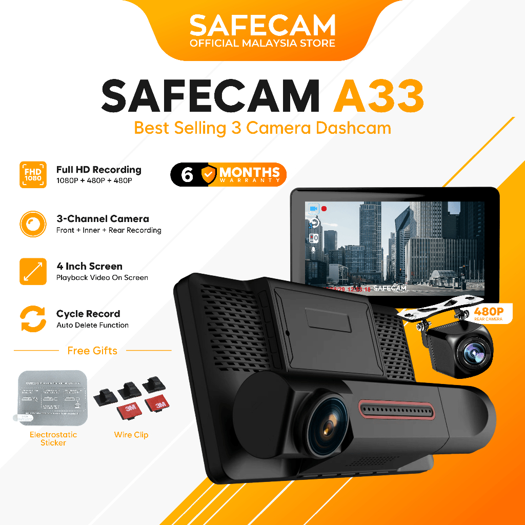 SAFECAM A33 Triple Lens 3 Camera 1080P Dashcam Front Cam + Inner Cam + Rear Cam (4")