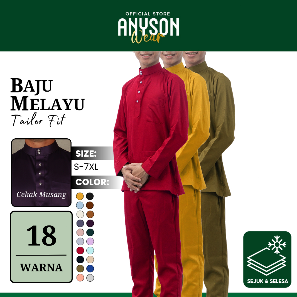 ANYSON Wear Baju Melayu Como Crepe Tailor Fit Plus Size 7XL Lelaki Dewasa - Pelbagai Warna