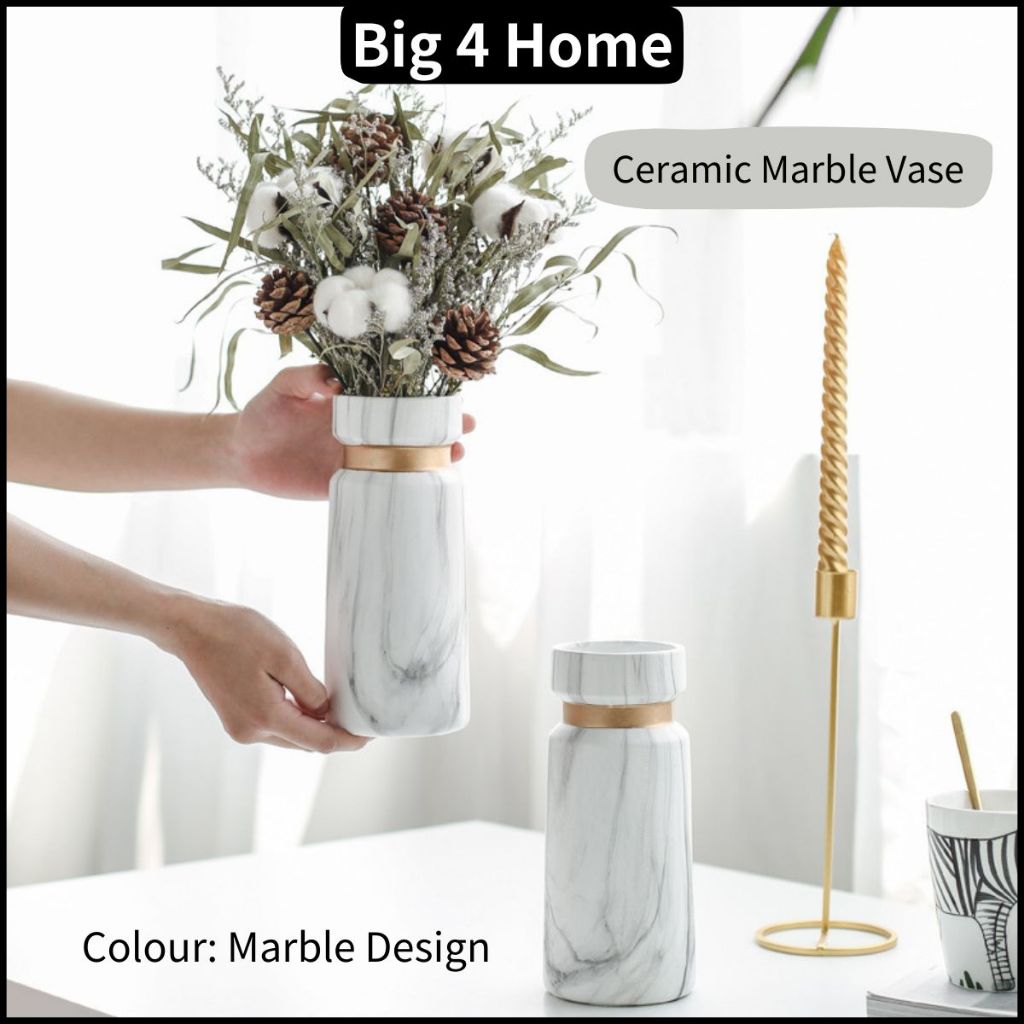 Modern Creative Marble Vase Ceramic Vase White Marble with Gold Lining Vase Home Decor Pasu Bunga Hiasan Meja