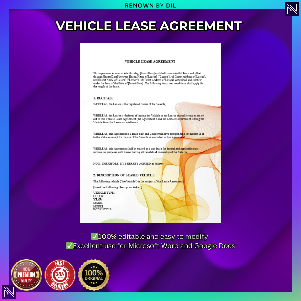 Vehicle Lease Agreement | Kontrak Sewaan Kenderaan | Legal Document Template Surat Perjanjian