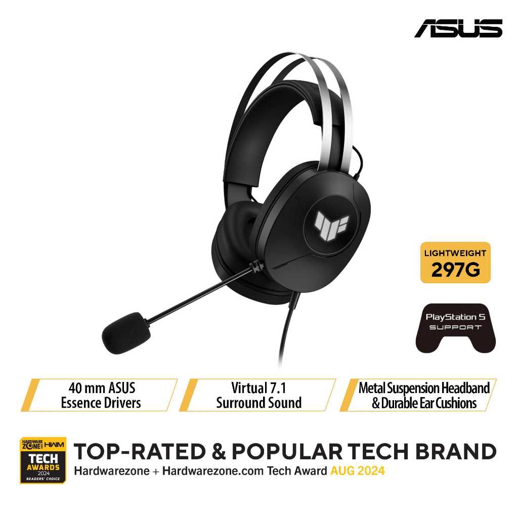 ASUS A302 TUF Gaming H1 Gen II Headset (Lightweight 297-g, wired USB-A connection, 40 mm Drivers, Virtual 7.1 Surround S