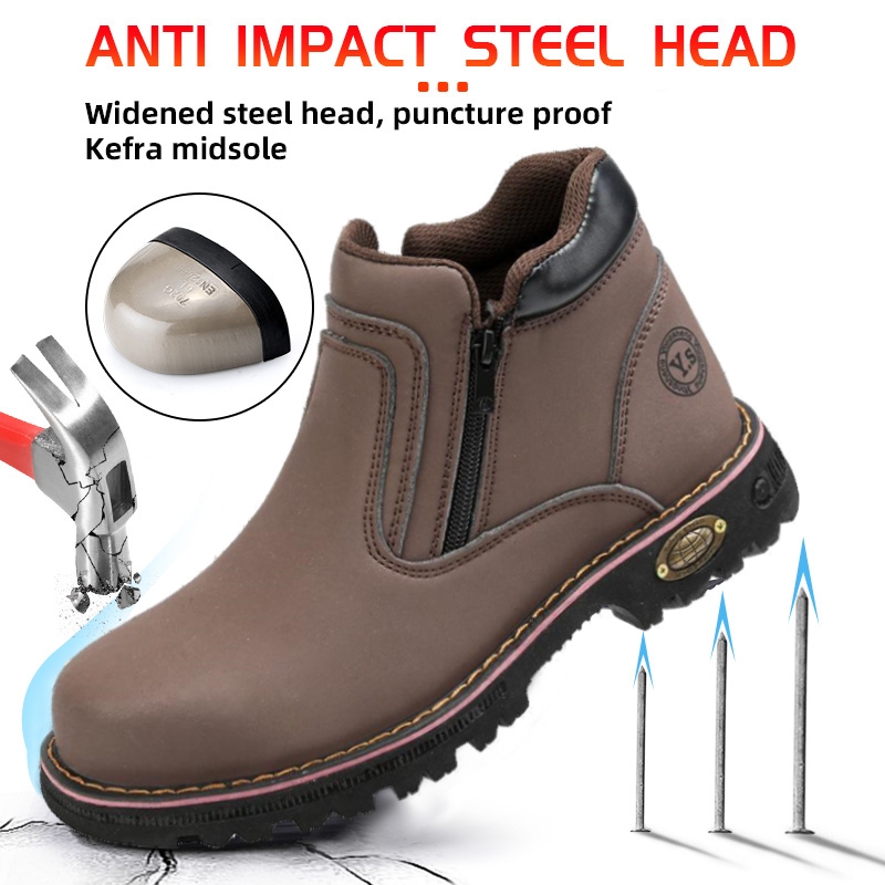 【With Box and Free Socks】Safety Shoes 1707 Mid Cut Zip Type Safety Boots