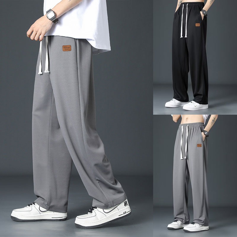 Mens Korean Casual Ice Silk Quick Drying Wide Leg Pants Summer Loose Draping Drawstring Straight Leg Pants Seluar Slack