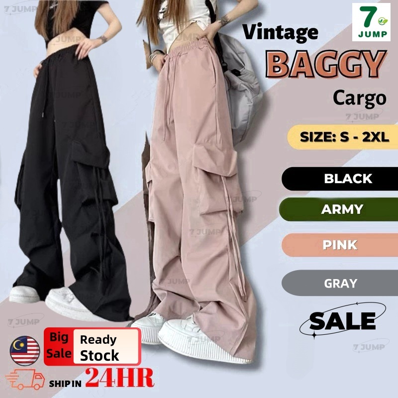 19Colors Ready Stock??Women korean Style cargo pants Seluar Kargo Perempuan Casual wide leg drawstring Baggy7J