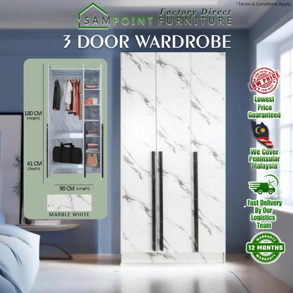 FREE SHIPPINGSamPoint 3 Door Wardrobe | Almari Baju 3 Pintu | Almari Pakaian | Wardrobe | Perabot murah | Furniture