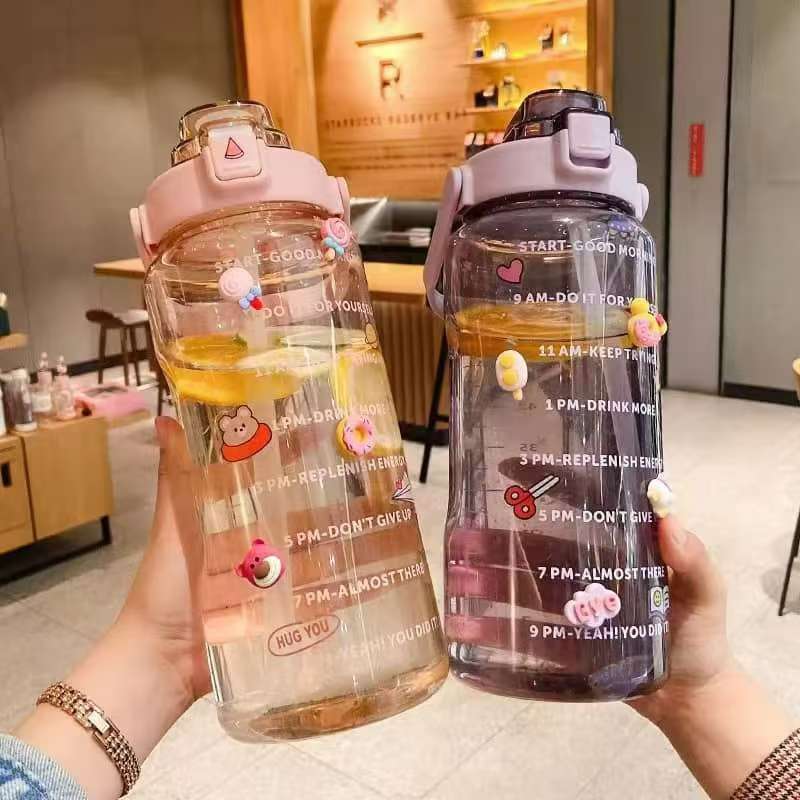 [ Edecom ] 2000ml Reminder Water Bottle With Straw Scale Big Bottle 2 Liter Gym Bottle Sport Water Bottles
