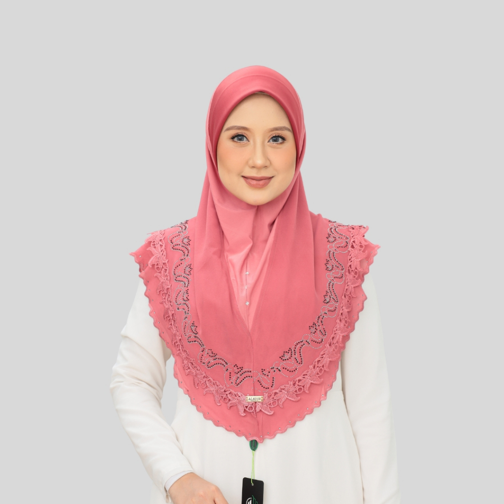 Tudung Sarung Lace Batu Sulam Labuh Berdagu 2 Layer Chiffon 2 Lapis Elegant Hijab