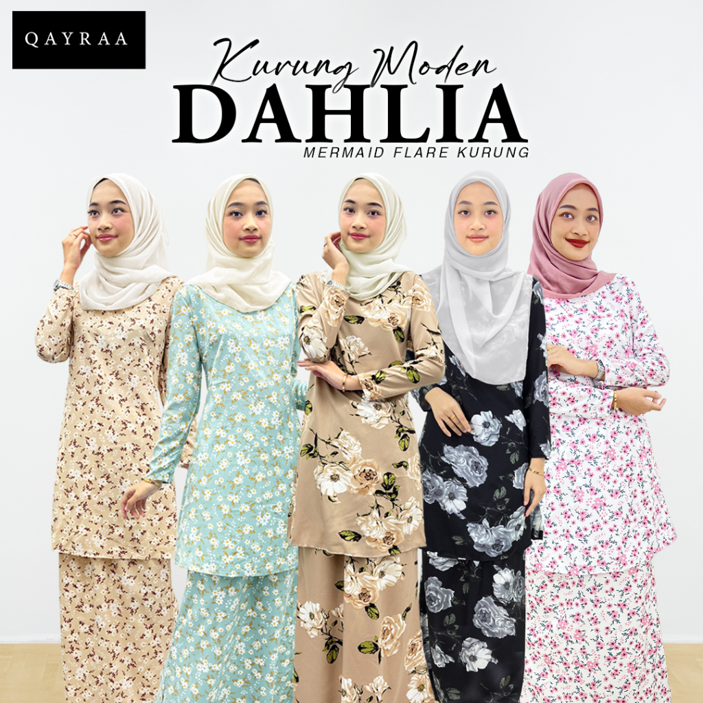 QAYRAA P4 DAHLIA Baju Kurung Modern Floral Printed Ironless Kurung Moden Slim Sepasang- Size S-2XL/Black/Red/Green/Lilac
