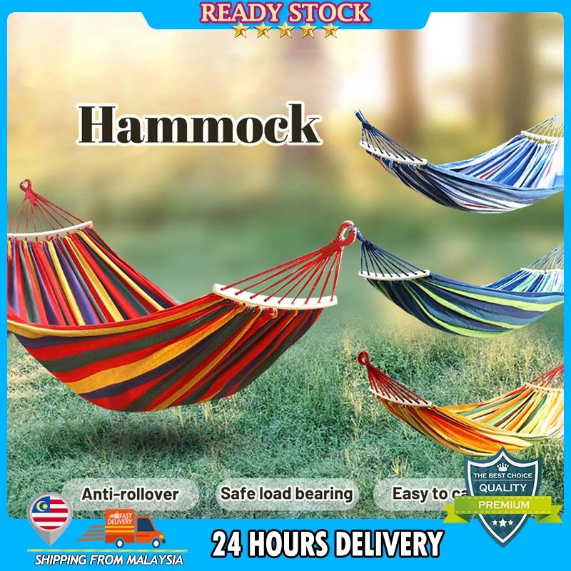 Rainbow Hammock Outdoor Canvas Fabric Camping Striped Hammocks Tree Swing Hanging Bed Chair Buaian Gantung Tidur 吊床