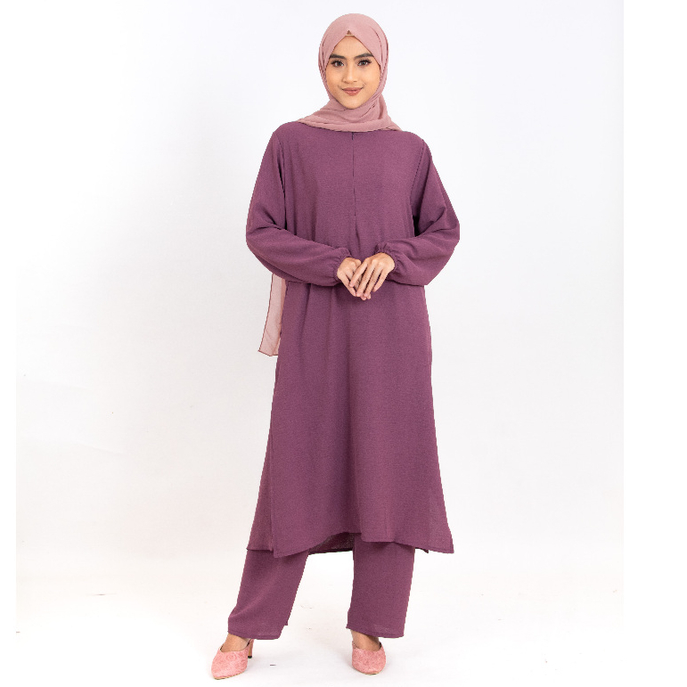 Suit Pasang Warda Baju Labuh dan Seluar Loose Pants and Blouse Soft Cey Plain Jubah Seluar Muslimah Umrah Haji Ziarah