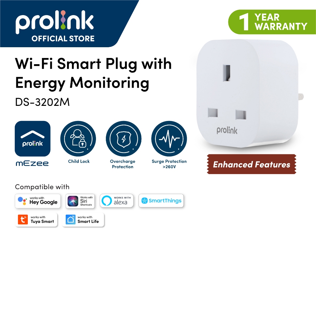 [Upgraded] Prolink WiFi Smart Plug | Timer and Schedule | Energy Monitoring | Voice Google Assistant | DS3202M