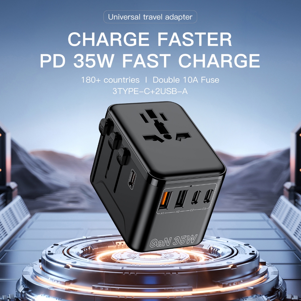 V380 Pro Universal Adapter Travel International 35W USB C Adapter Fast Charger QC 3.0 Charger Type C Plug