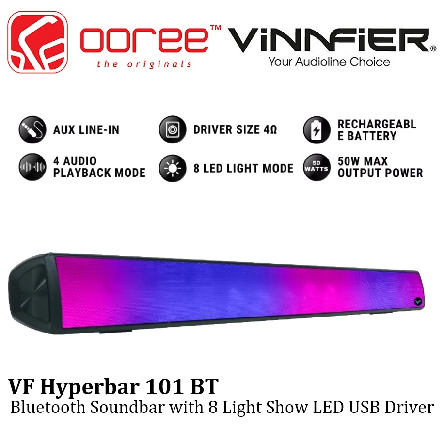 VINNFIER VF HYPERBAR 101 BT BLUETOOTH SOUNDBAR 50W WITH 8 LIGHT SHOW LED USB DRIVER / AUX IN / RECHA