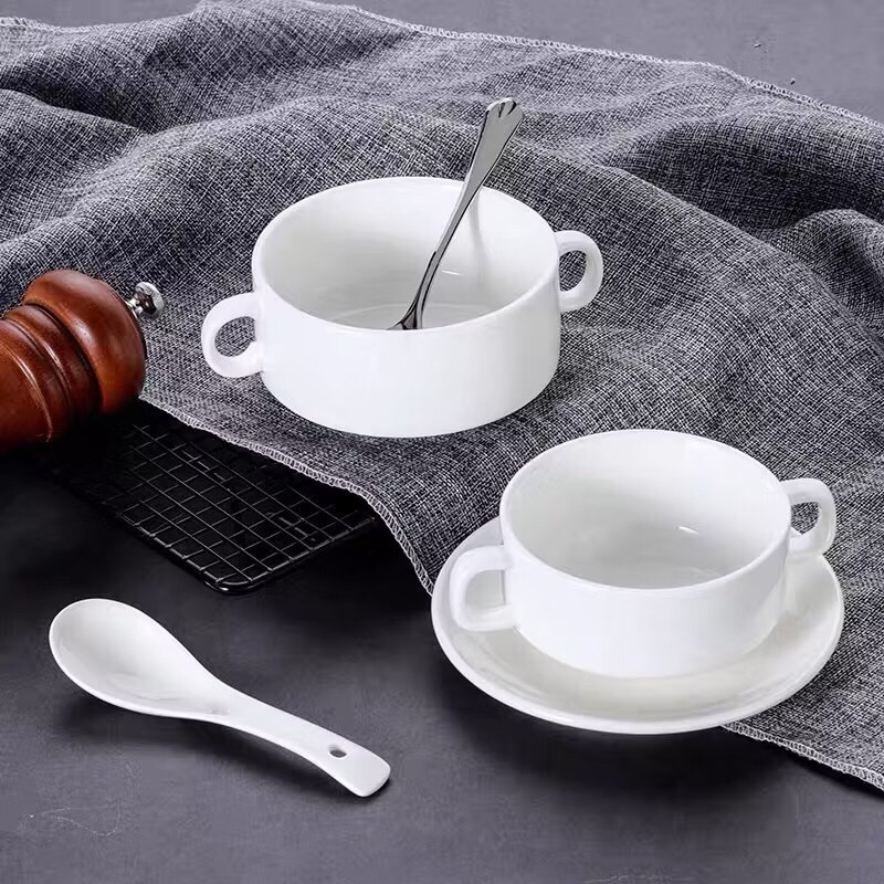 4" Microwaveable Ceramic Soup Bowl+Saucer (Mushroom Soup/Oat Meal) [Hotel Quality]