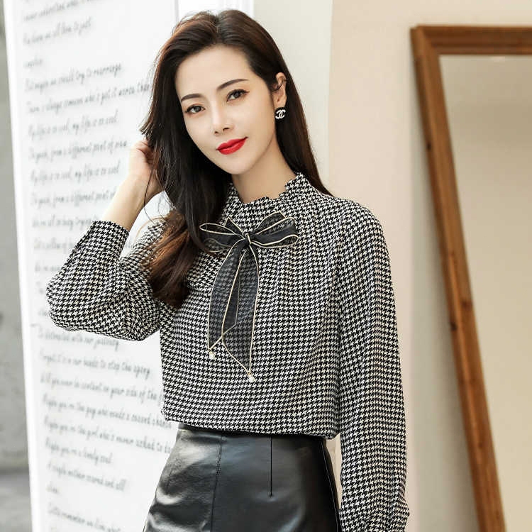 YML Women's Blouse Chiffon Corak Baju Raya Muslimah Burung Unta Office Lady Layered Bergaya Shirt Long Sleeve