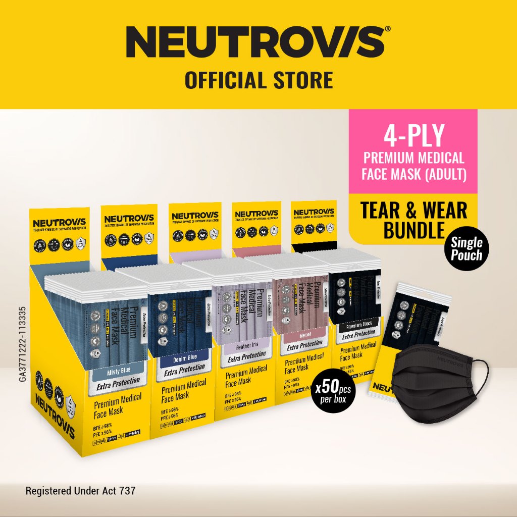 [TEAR & WEAR BUNDLE] Neutrovis 4-Ply Premium Medical Face Mask with Individual Packaging (50 pieces x 1 Box)