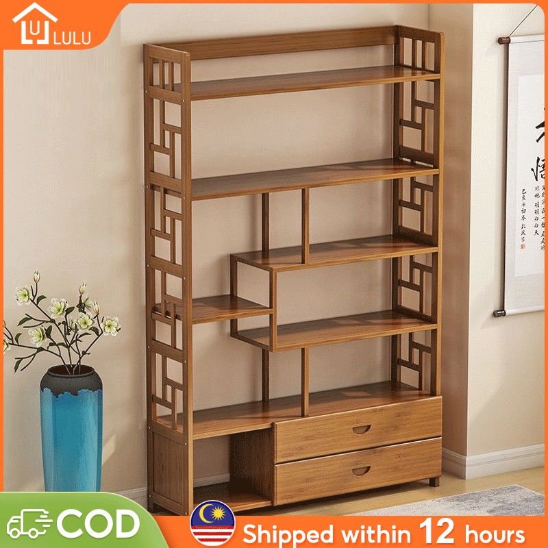 Natural Bamboo Brown Shelf Rack With Drawer Rak Serbaguna Bamboo Shelf Wooden Home Storage Rack Living Room Rack