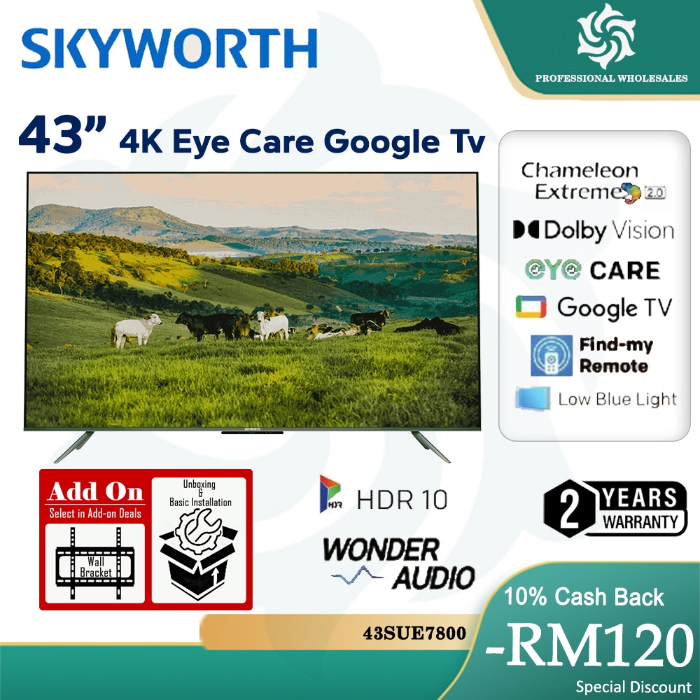 【FREE SHIPPING】SKYWORTH 4K 43/50/55/65/75 GOOGLE TV SUE7600/ SUE7800 SERIES INCH BUILT IN CHROMECAST BOUNDLESS SCREEN