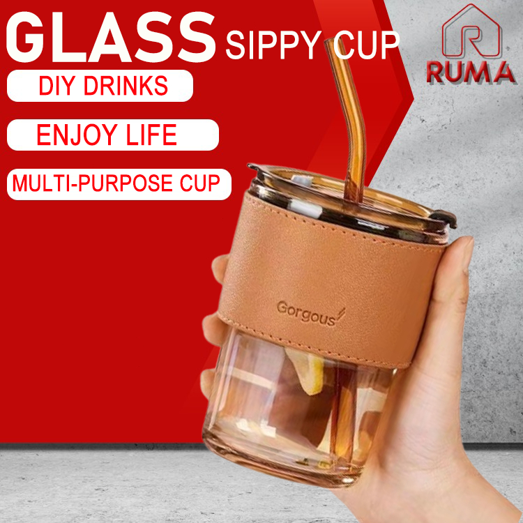 【High quality】Glass Straw Cup with Lid Heat Cold Resistant Iced Water Bottle Viral Coffee Mug