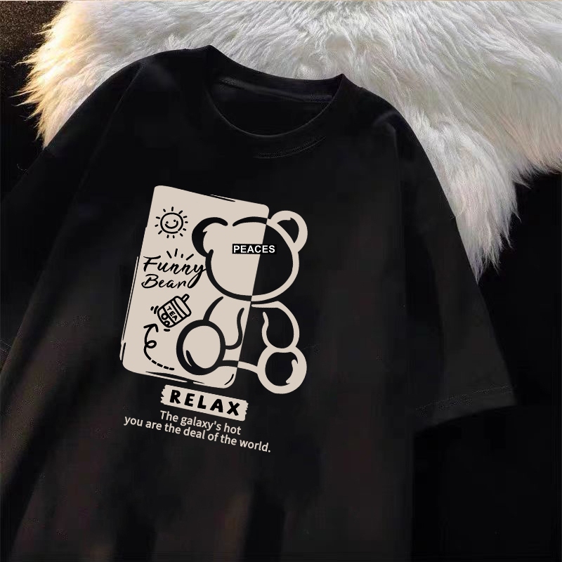 Korea style Baju Lelaki | Oversize T-shirt 100% kapas | Reka bentuk beruang hitam dan putih top kasual yang bergaya