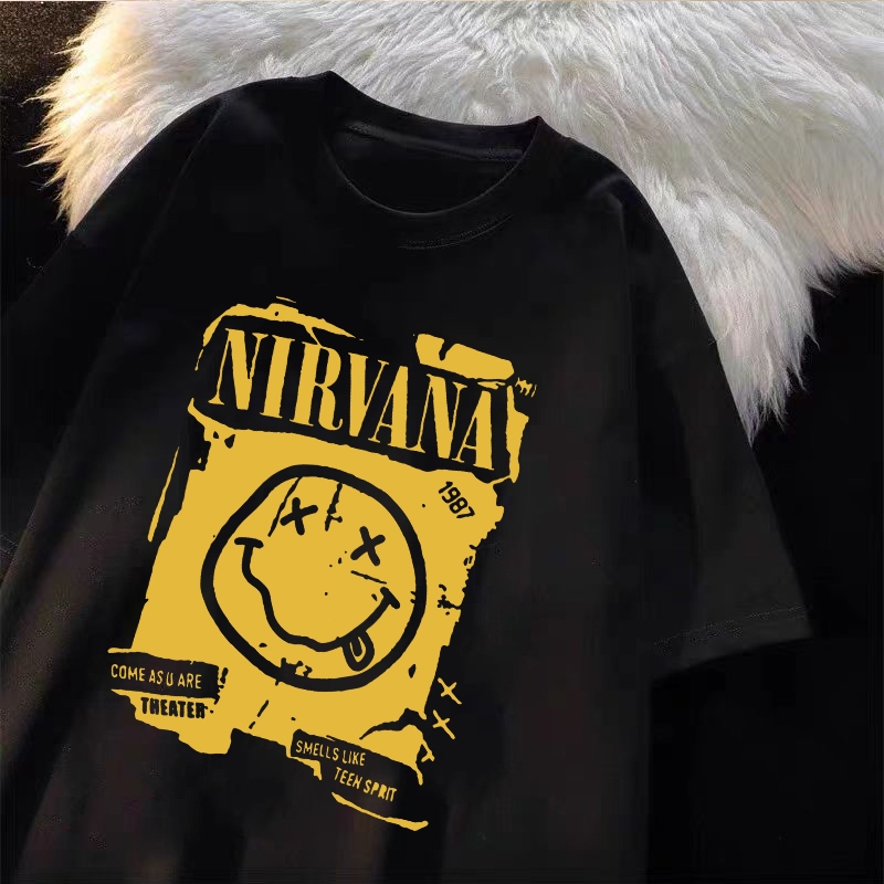 Korea style Baju Lelaki | Oversize T-shirt 100% kapas | Corak muka senyuman gaya jalanan Amerika top kasual yang bergaya