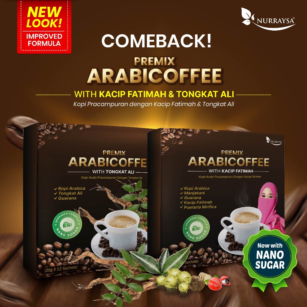 NURRAYSA PREMIX ARABICOFFE with Kacip Fatimah/Tongkat Ali  (Nano Sugar) ~ 12 sachet x 20g