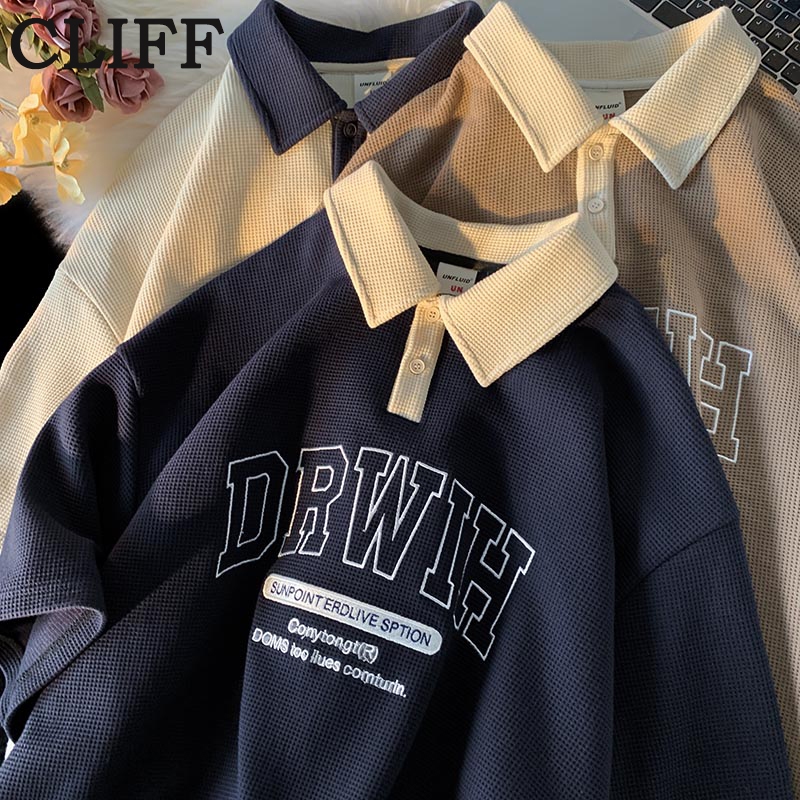 【Tempat Malaysia】CLIFF men baju polo lelaki baju pasangan gaya korea Waffle lengan pendek longgar gaya preppy Waffle