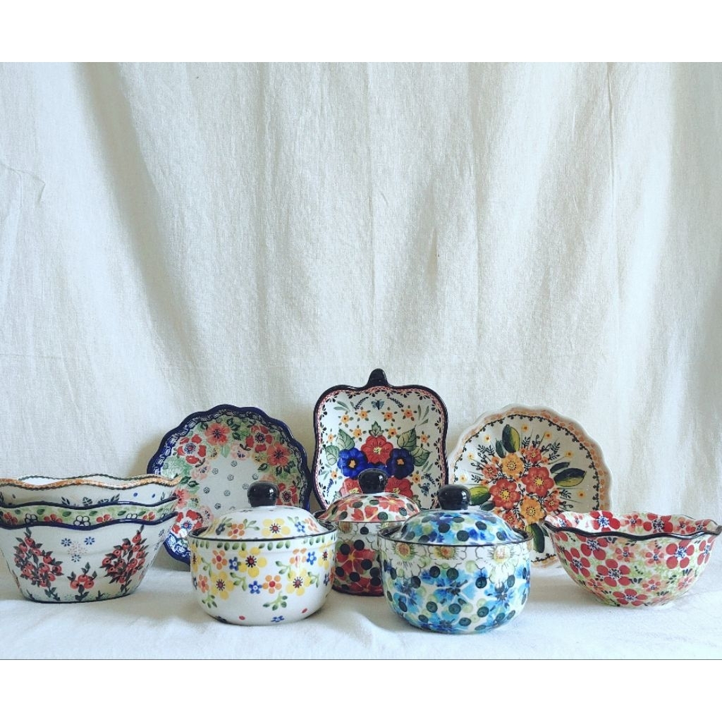 Ceramic bowls/bowl with lid fully hand-painted with Polish Pottery Style by Pawie Korea韩国孔雀羽波兰彩纯手绘陶瓷碗/盖碗 [READY STOCK]