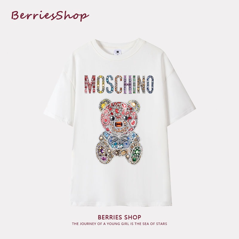 Diamond bear print women's new short sleeves, trendy T-shirt, casual round neck, fancy wear, casual lazy style