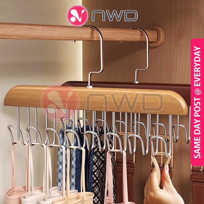 《 》 8 Hooks Solid Wood Hanger Clothes Sling Belt Neck Tie Hanging Rack Hangers Organizer Cangkuk Baju 衣架