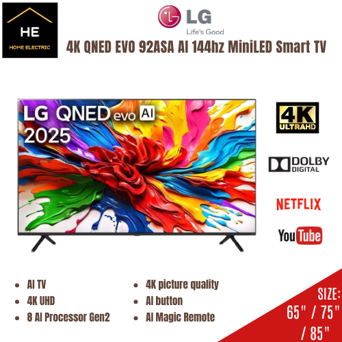 LG QNED92ASA 65” / 75” / 85" 4K UHD Smart TV AI TV | Mini LED |  65QNED92ASA 75QNED92ASA 86QNED92ASA