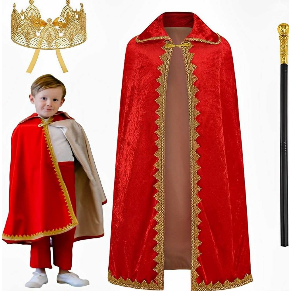 King Prince Cloak Crown Scepter Set for Kids – Red Royal Cape for Cosplay Halloween Party