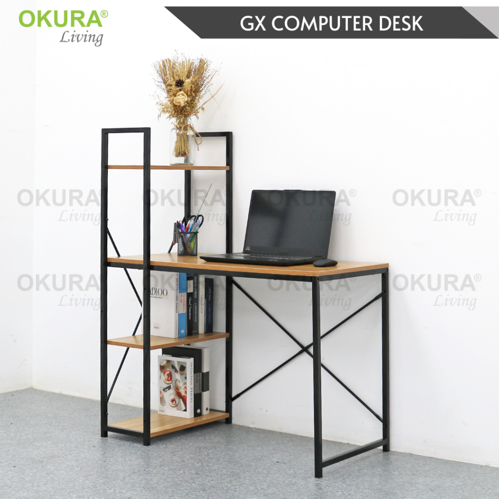 OKURA Modern Computer Laptop Office Desk Study Table With Book Shelf Meja Belajar Komputer