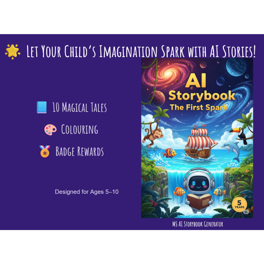 AI eStorybook: The First Spark | Printable Kids Bedtime+ Badge Rewards + Colouring + AI Fun | AI 创作儿童故事书Cerita Rekaan AI